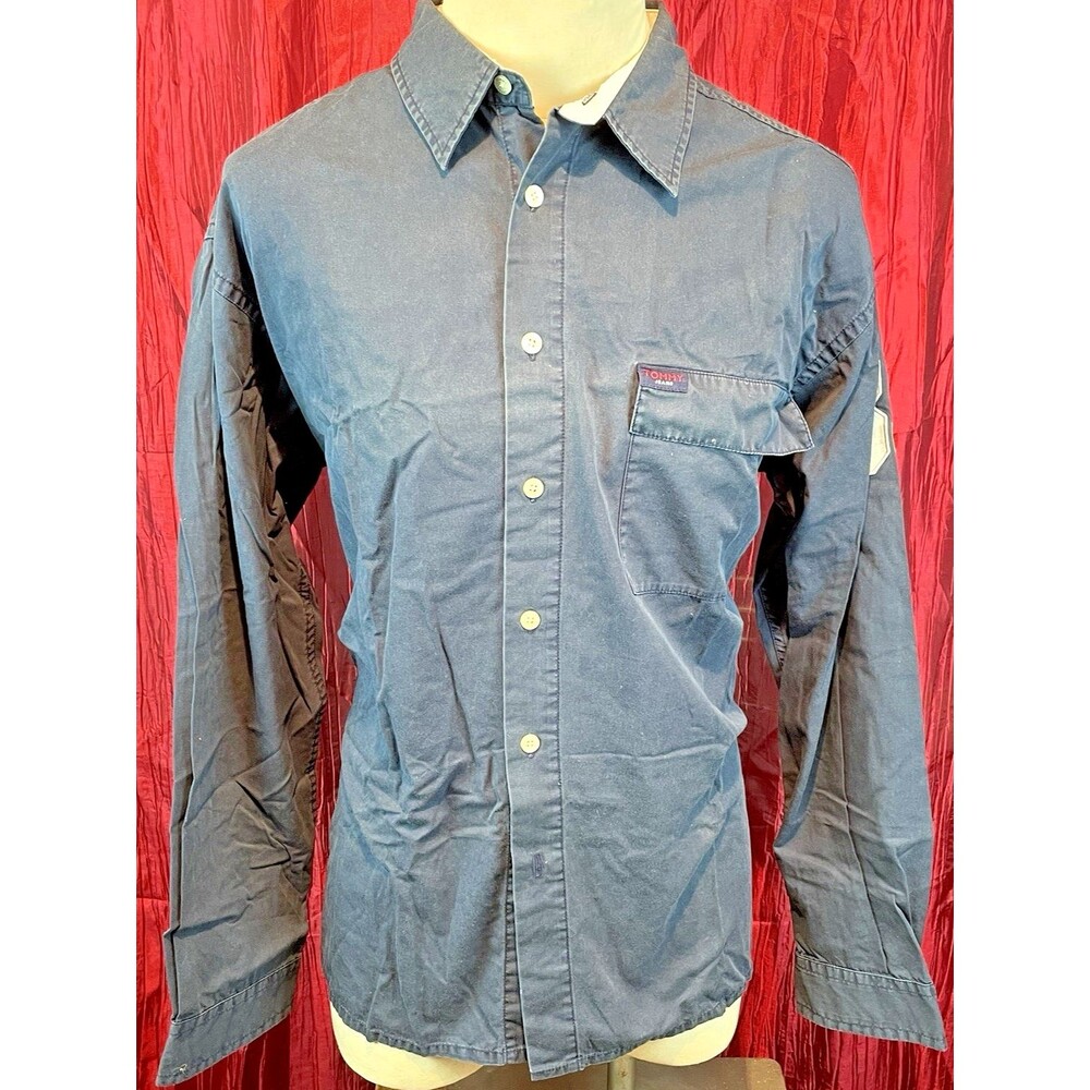 Mens T Hilfiger Tommy Jeans Navy Cotton Canvas LS Casual Shirt w Spellout sz XL